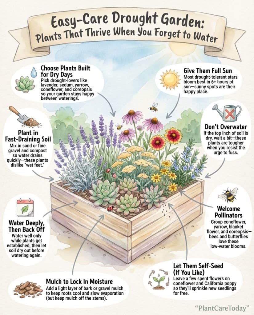 Infographic displaying 14 drought-tolerant plants with care requirements and visual comparisons