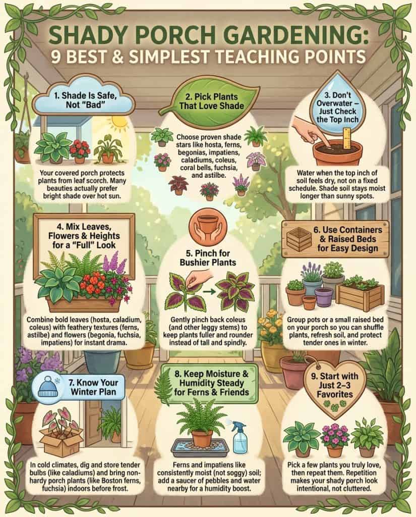 Shade plant infographic displaying nine porch-friendly varieties with light requirement icons