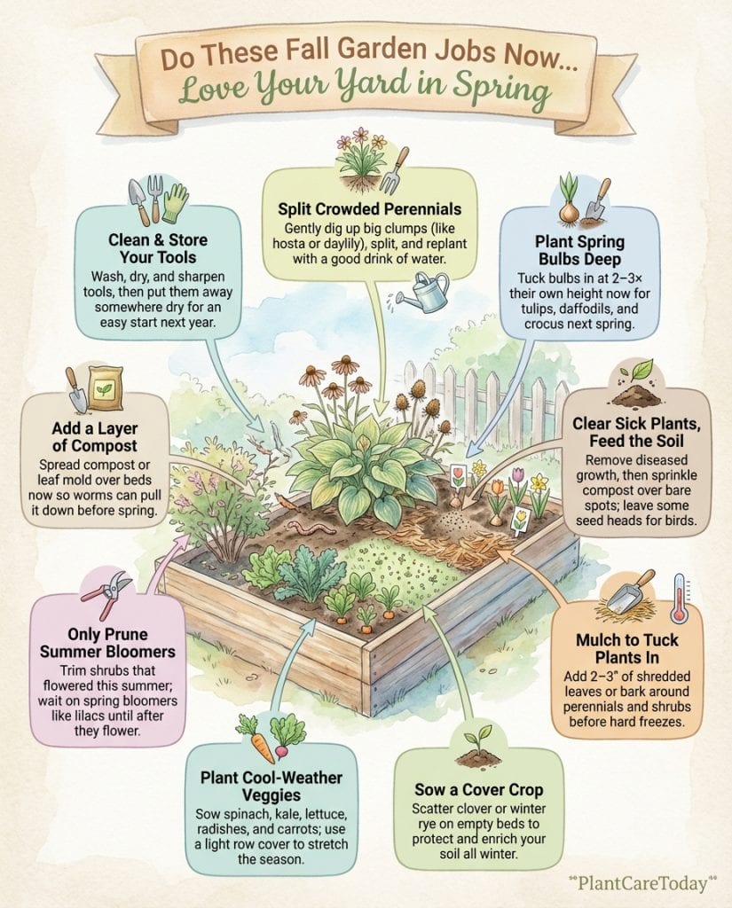 Infographic displaying twelve fall gardening tasks for spring garden preparation with step illustrations