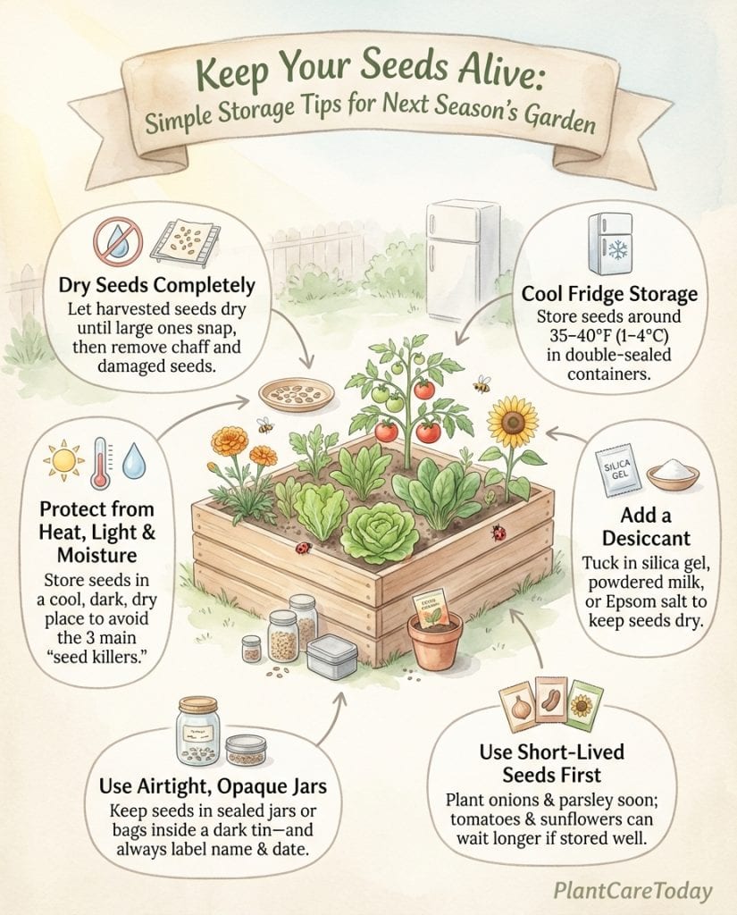 Seed storage infographic showing three common threats and preservation methods with container examples