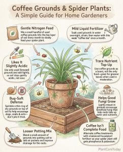 Infographic showing spider plant care with coffee grounds including benefits and application methods