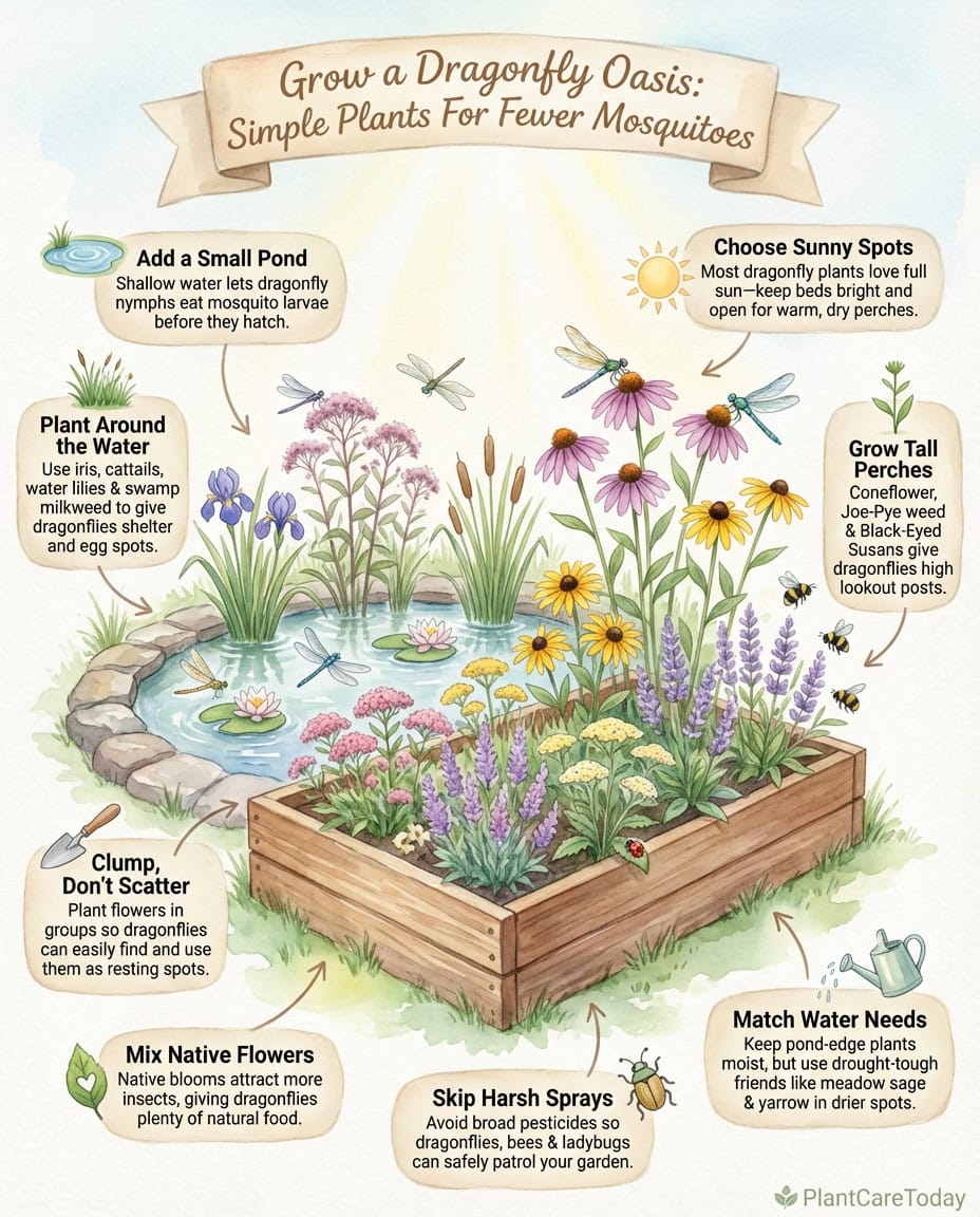 Infographic showing dragonfly-attracting plants with habitat setup requirements and planting layout