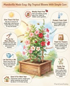 Mandevilla care infographic showing growing requirements and maintenance tips with flower illustrations
