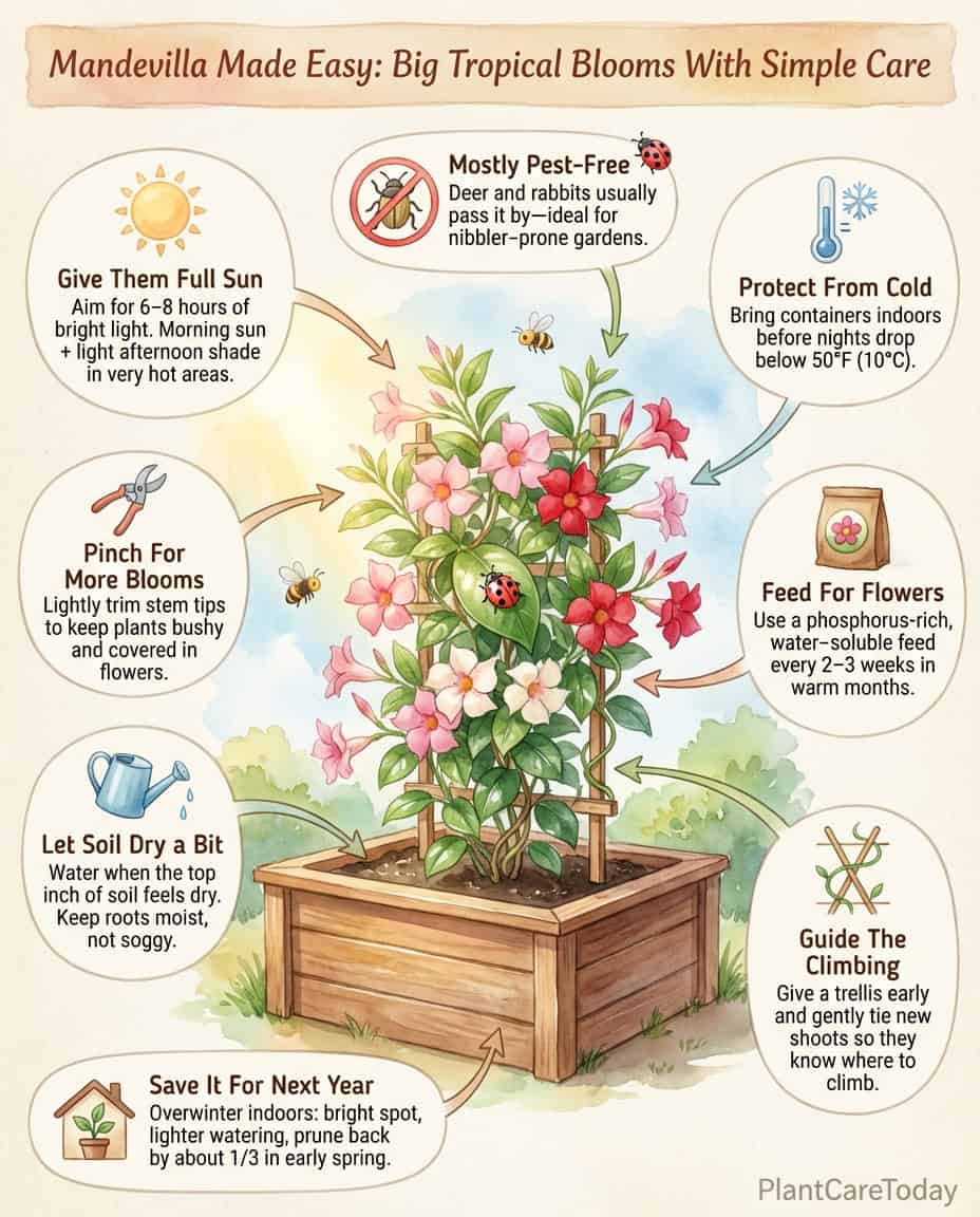 Mandevilla care infographic showing growing requirements and maintenance tips with flower illustrations