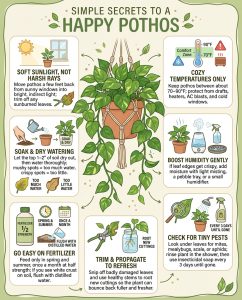Pothos troubleshooting infographic showing six common leaf problems with diagnostic photos and solutions