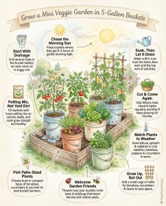 Infographic listing 18 bucket-friendly crops with variety names and expected yield amounts