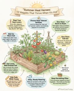 Heat-tolerant vegetable infographic displaying ten summer crops with temperature tolerance information