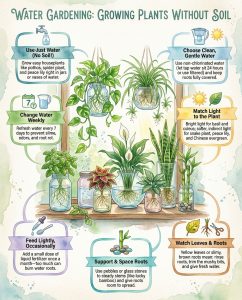 Infographic displaying houseplants suitable for water propagation with root growth stages shown