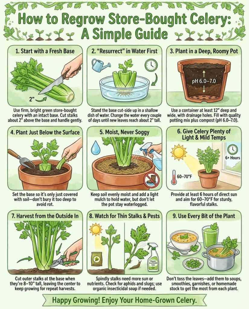 Celery regrowth infographic showing step-by-step process from kitchen scrap to harvestable plant