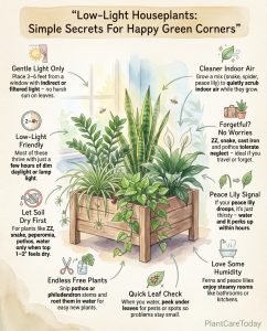 Low-light houseplant infographic displaying shade-tolerant indoor plant varieties with care icons