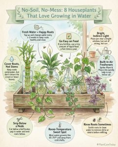 Infographic displaying eight houseplants suitable for water-based growing with root system visuals