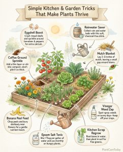 Kitchen waste fertilizer infographic showing eggshells, coffee grounds, banana peels, and vinegar uses for plants