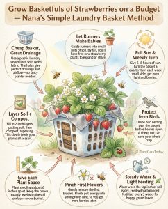 Infographic showing laundry basket strawberry container setup with drainage and planting configuration