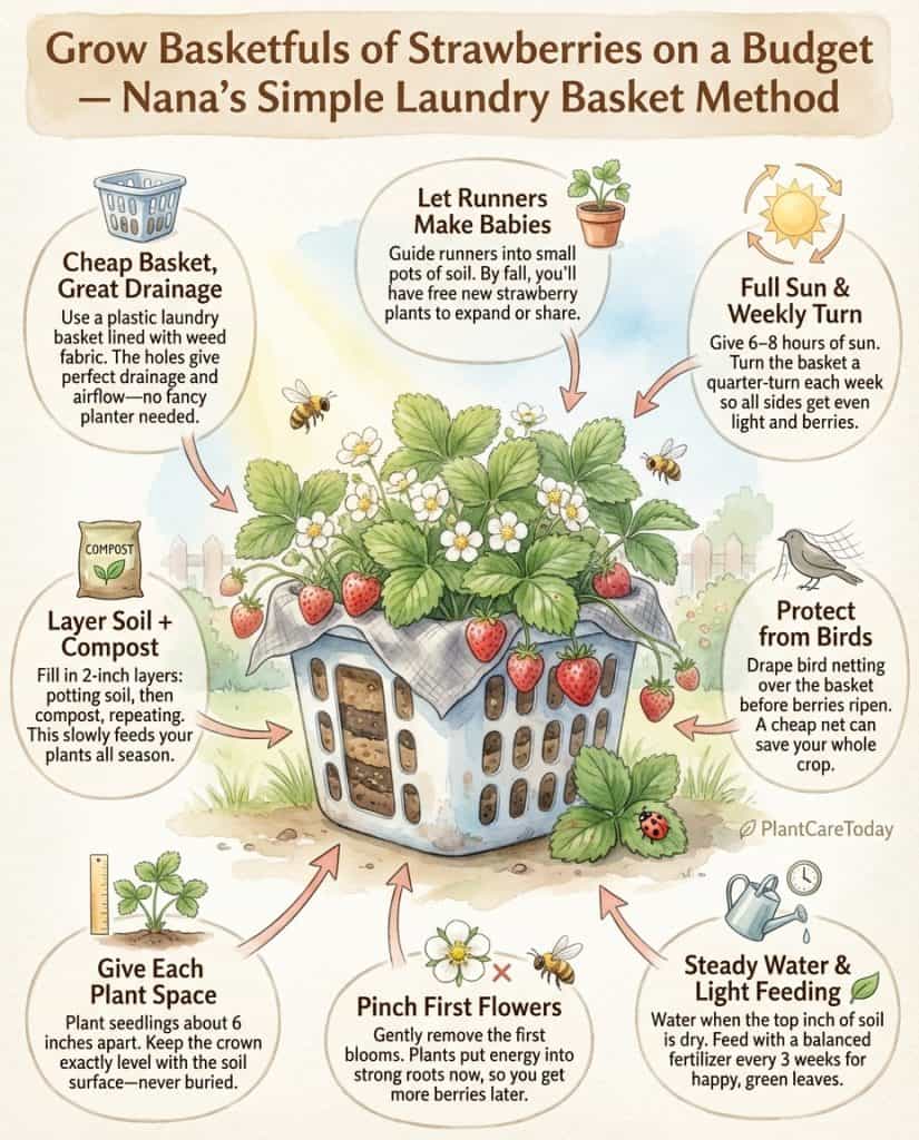 Infographic showing laundry basket strawberry container setup with drainage and planting configuration