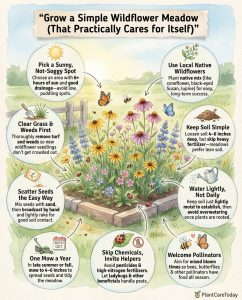 Wildflower meadow infographic showing environmental benefits and urban garden conversion steps
