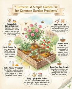 Turmeric garden uses infographic showing pest control and plant disease treatment applications