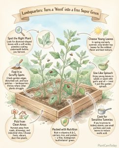 Lambquarters identification infographic with nutritional comparison chart and plant characteristics