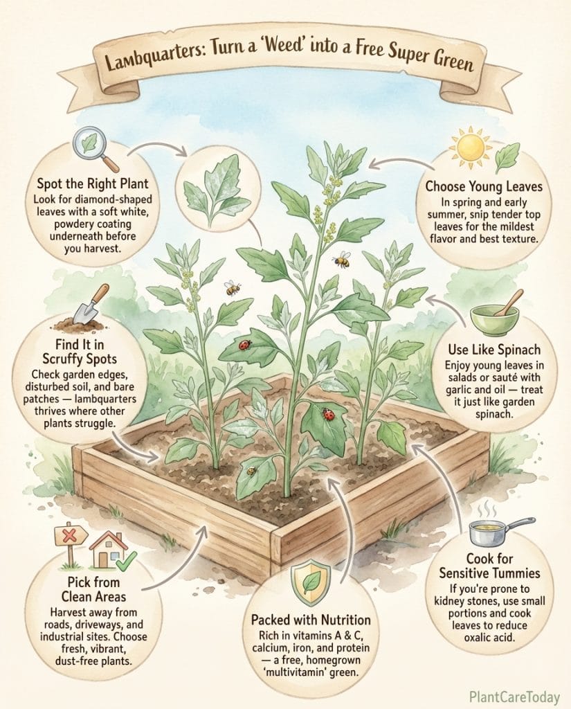 Lambquarters identification infographic with nutritional comparison chart and plant characteristics