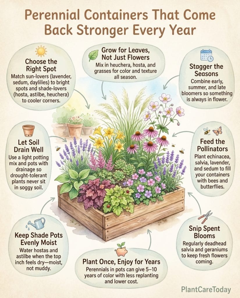Infographic displaying twelve cold-hardy perennial plants suitable for container gardening with photos