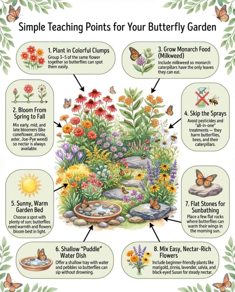 Infographic displaying thirteen butterfly-attracting plants with growing requirements and species charts