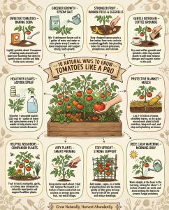 Tomato care infographic showing three kitchen ingredient methods with application instructions and plant diagrams