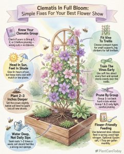 Infographic showing three clematis types with pruning guidelines and common care mistakes