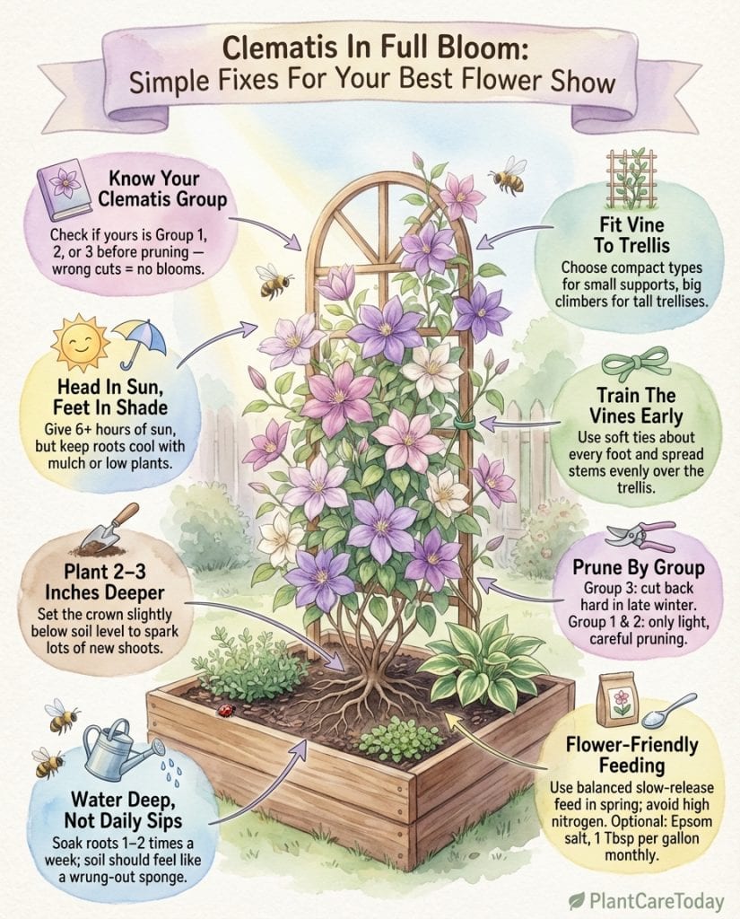 Infographic showing three clematis types with pruning guidelines and common care mistakes