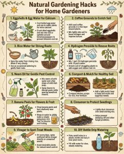 Kitchen scrap fertilizer infographic showing four household items and their gardening uses