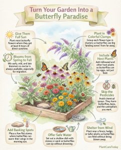 Butterfly garden infographic showing flower varieties with ultraviolet patterns and cluster planting layout