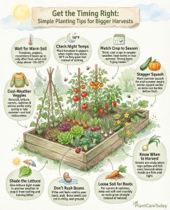 Vegetable planting timing infographic showing temperature guidelines and seasonal planting windows