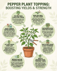 Pepper plant topping infographic showing pruning timing, cut placement, and branch growth patterns