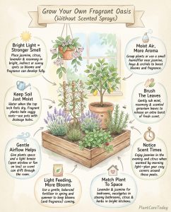 Infographic displaying eleven fragrant houseplants with care requirements and aromatherapy benefits