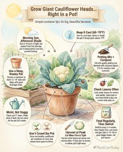 Container cauliflower growing infographic showing setup steps and optimal growing conditions for large heads