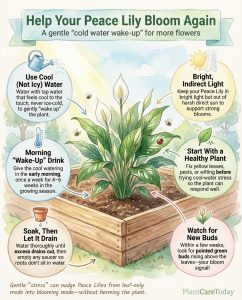 Infographic showing peace lily cold water shocking method with step-by-step watering technique illustrations