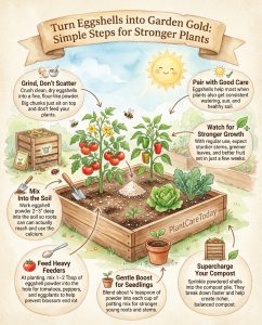 Tomato plant calcium deficiency infographic showing eggshell preparation methods and application techniques