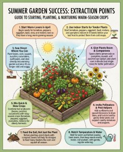 Infographic displaying 13 vegetable seeds to start in April with planting timeline and icons