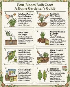 Daffodil care infographic showing post-bloom maintenance steps with illustrated timeline