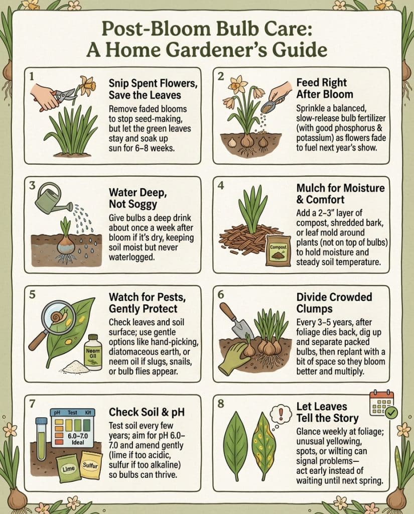 Daffodil care infographic showing post-bloom maintenance steps with illustrated timeline