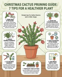 Infographic showing Christmas Cactus pruning timing and techniques with segment trimming illustrations