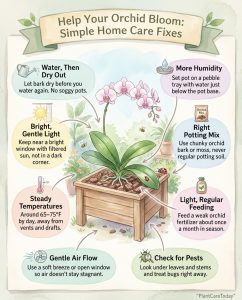 Orchid care infographic showing ten common mistakes with illustrated care corrections