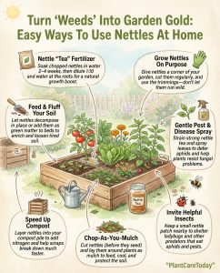 Infographic showing nettle composting and fertilizer methods with nutrient comparison charts
