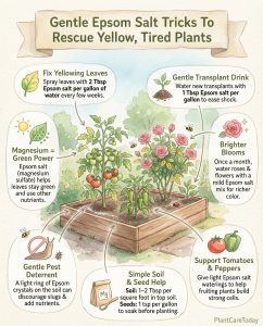 Epsom salt plant care infographic showing magnesium deficiency symptoms and application methods