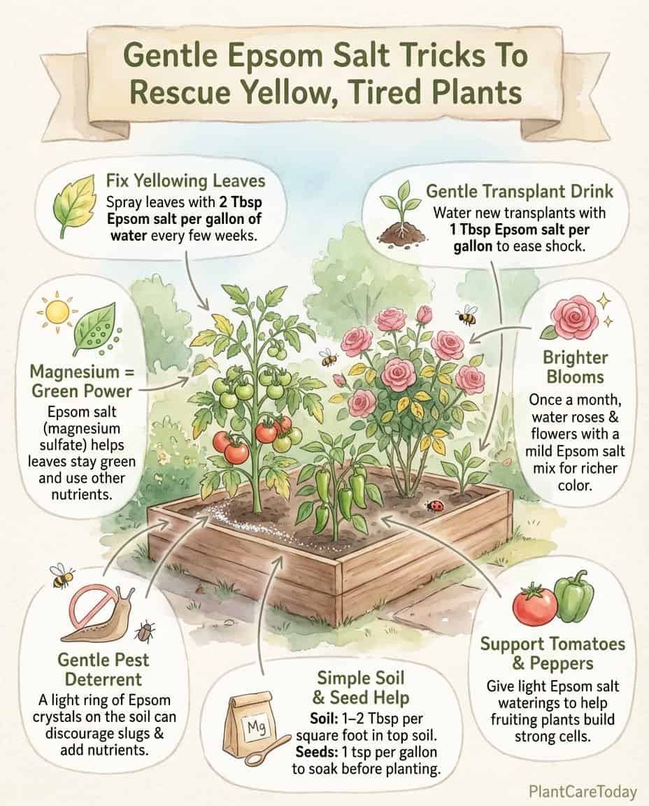 Epsom salt plant care infographic showing magnesium deficiency symptoms and application methods