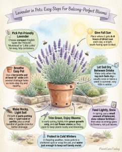 Lavender container gardening infographic showing seven essential growing tips with pot diagrams
