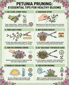 Petunia pruning infographic showing mid-season trimming techniques with step-by-step visual guide