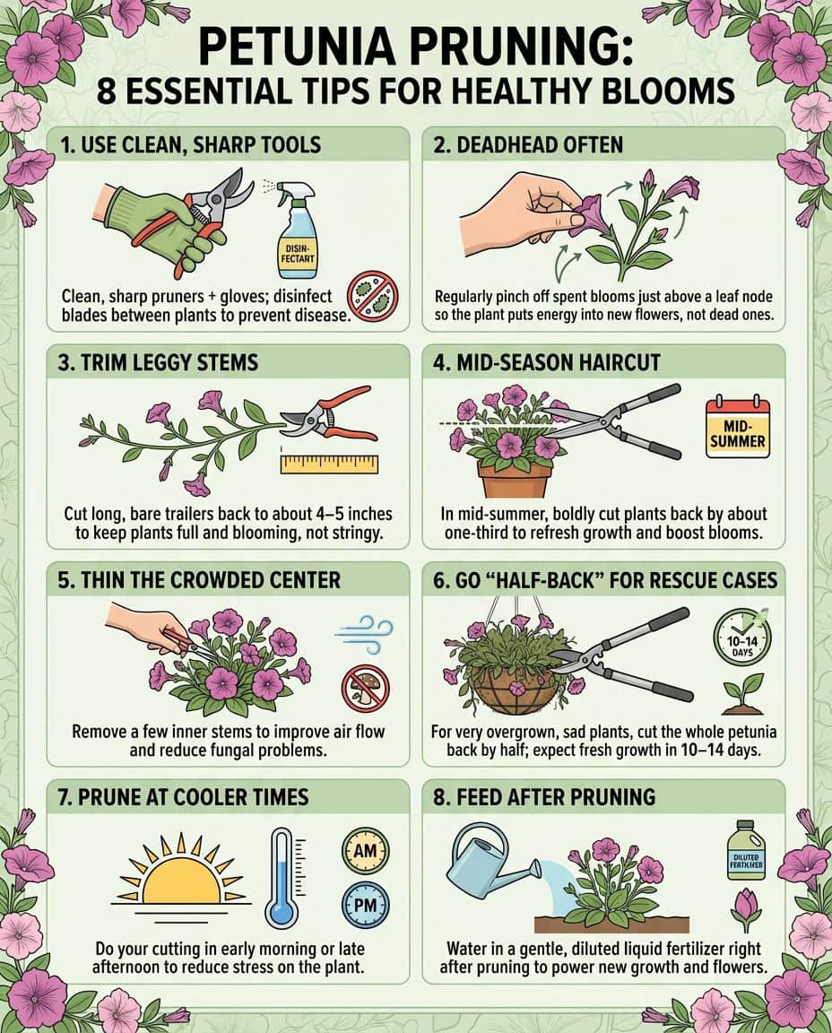 Petunia pruning infographic showing mid-season trimming techniques with step-by-step visual guide
