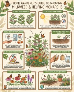 Milkweed planting infographic with monarch butterfly lifecycle stages and native variety options