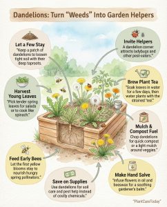 Dandelion benefits infographic showing soil improvement, pollinator support, and pest control functions