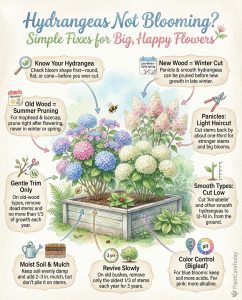 Hydrangea pruning infographic showing old wood vs new wood bloom types with seasonal timing charts