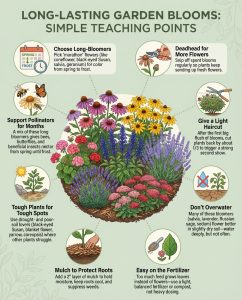 Infographic displaying twelve continuous-blooming flowers with care requirements and seasonal timeline chart